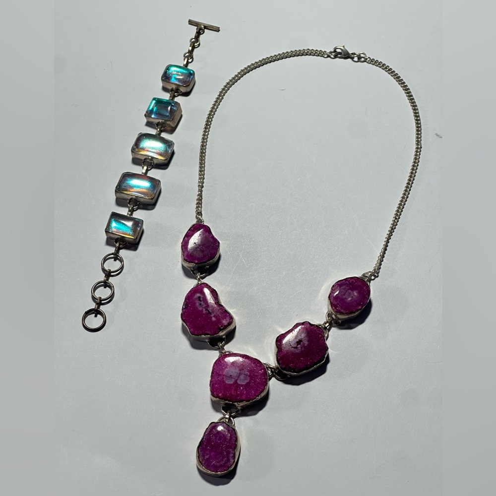 Marked 925 Sterling Silver Glass & Stone Necklace Bracelet Artisan Fairycore
